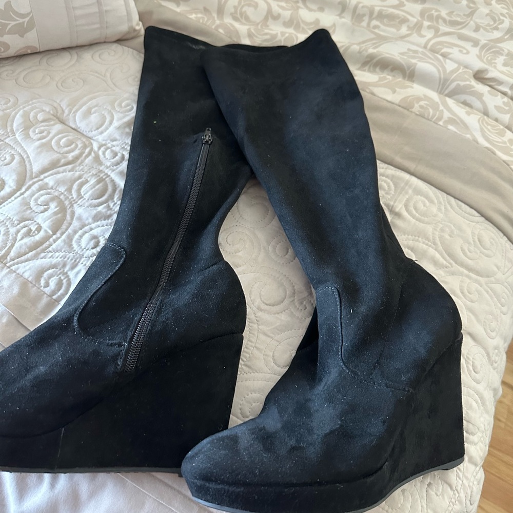 Black knee high wedge boot